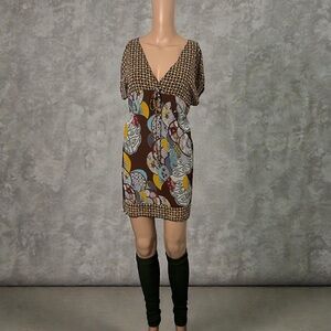 Multicolor Geometric and Leaf Print Women's Shirt Dress